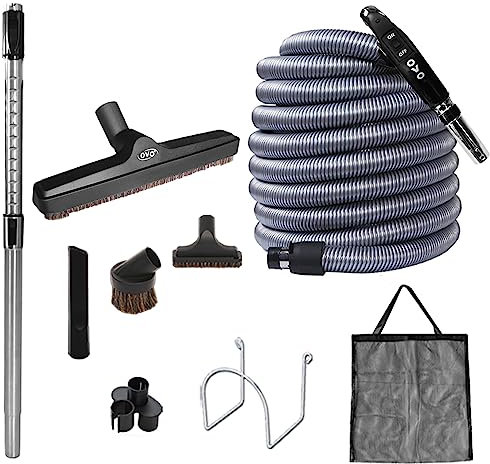 OVO Central Vacuum Deluxe, 35ft ON/OFF Low-voltage Hose, 12’’ premium floor brush, cleaning tools and easy storage accessories, For hard surfaces