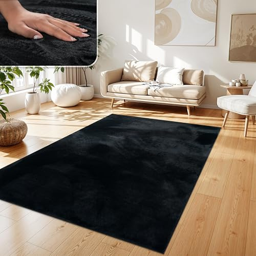 Paco Home Matta Vardagsrum Konstfäll Plysch Ryamatta Mjuk Tvättbar, Storlek:160x220 cm, Färg:Svart