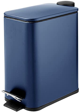 mDesign Rectangular Pedal Bin – 5 L Metal Waste Bin with Pedal, Lid and Plastic Bucket Insert – Household Rubbish Bin for Bathroom, Kitchen and Office – Navy