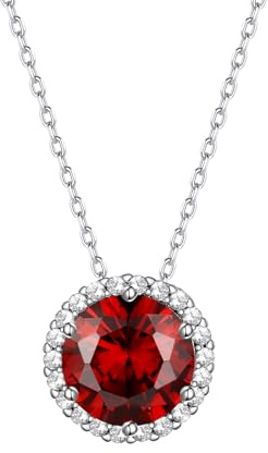 Bestyle 925 Sterling Silver Round Cubic Zirconia Necklaces for Women, 8mm January Granet Gem Birthstone Crystal Pendant Illuminated by 1mm White Cubic Zirconia