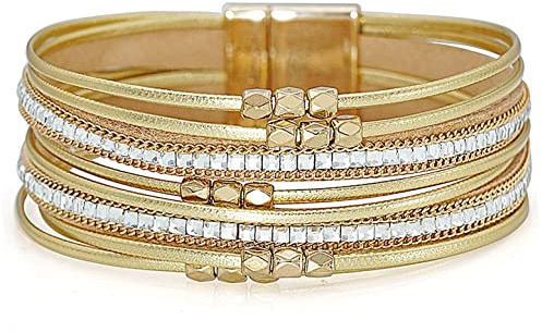 Wovanoo Leather Wrap Bracelets for Women Multi-layer Handmade Wristband Braided Rope Cuff Bangle Gift for Birthday, Monther's Day, Valentine's Day Crystal Gold