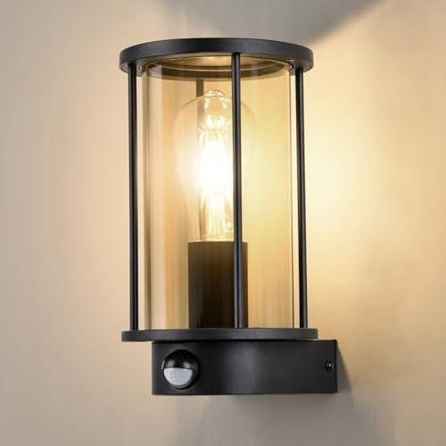 BRIMMEL Lampada da Parete Esterno con Sensore Movimento - Impermeabile Antiruggine in Alluminio Nero, Alimentazione E27 per Giardino (Lampadina Esclusa)