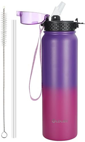 OLDLEY Bouteille d'eau en Acier Inoxydable avec Paille 1L Isotherme Sous Vide Grande gourde en Métal Étanche Garder les Boissons au Chaud et au Froid pour Vélo Camping Sports Gym Adulte Femme Homme