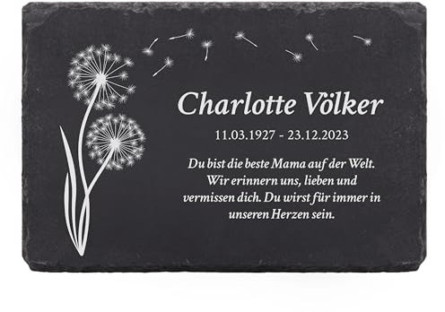 LAUBLUST Personalisierte Grabplatte als Grabschmuck für Menschen mit Wunschtext | Schieferplatte mit Gravur als Grabstein Deko & Grabtafel - Pusteblume, 3 Größen | Schöne Grabsteine mit Name