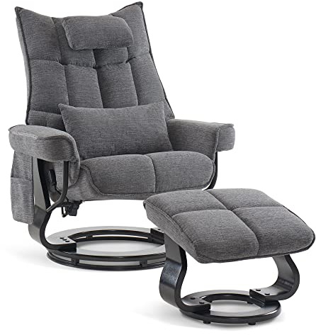 M MCombo Poltrona relax con sgabello, sedia per TV girevole con funzione reclinabile, moderna per soggiorno, tessuto, 9076 (grigio)