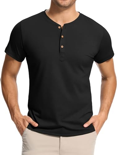 WUWUSKY T-Shirt Homme à Manches Longues en Coton Chemise Léger de Golf Tennis Outdoor Style Décontracté D'Été Sport Henley Shirt Regular Fit avec Boutonnière à 3 Boutons, a Noir, XXL