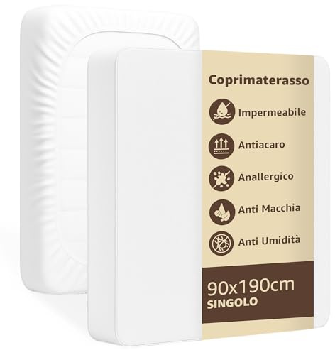 SONIT – Coprimaterasso Impermeabile Singolo 90x190 cm, Antiacaro Anallergico Traspirante, Protezione Materasso Anti Macchia e Umidità con Angoli Elasticizzati, Lavabile