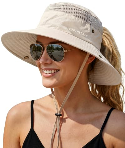 FURTALK Sun Hats for Women with Ponytail Hole Beach Hiking Summer Wide Brim Outdoor UV Protection Packable Bucket Safari Hat Beige