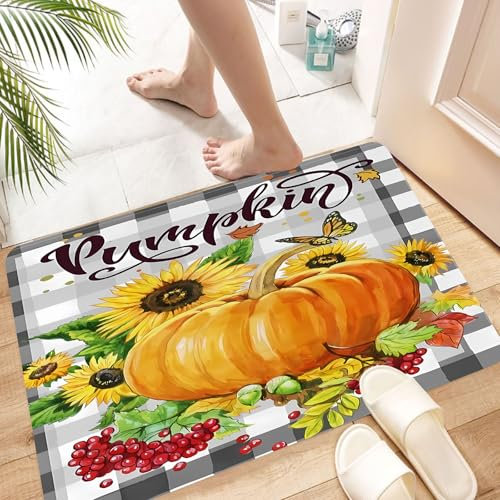 HKPOEQ Super Absorbierende Badezimmerteppich Waschbar Schnelltrocknende Badvorleger Duschvorleger für Badezimmer,Kürbiskunst, voller Kürbis, umgeben von Sonnenblumen, Beeren und Herbstblätt,60x100 cm