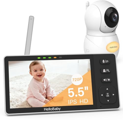 HelloBaby Babyphone Fotocamera 5.5'' Schermo IPS Diviso, Babyfono senza WiFi, Batteria 4000 mAh, Chiamata Bidirezionale, Visione Notturna, ECO, Display Temperatura, 8 ninne nanne, 1080P, 305m
