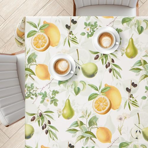 KP HOME Verde Chiaro Fruttato Tovaglia Plastificata Quadrata 140x140 cm - Giardino Cerata Tovaglia PVC Antimacchia con Tocco Morbido, Impermeabile e Facile da Pulire con Giallo Limoni Pere e Olive