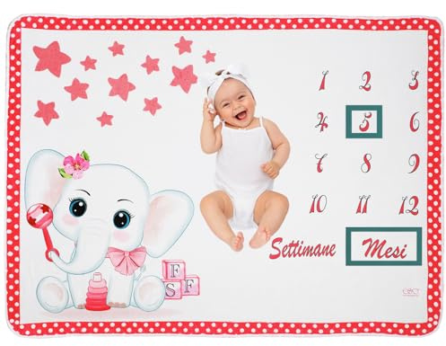 FIFTYSEVENFACES Coperta Mesi Bimba | Tappeto Fotografico Complimese Femmina | Copertina Plaid Neonata Tema Elefante 130x100 cm | Indicatore Mese o Settimane ed Età Inclusi