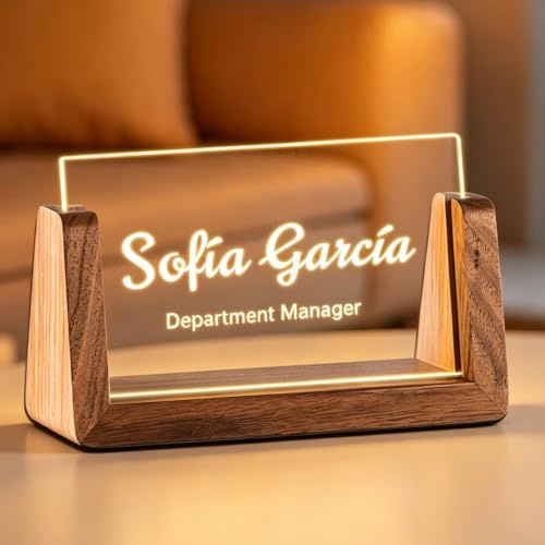 Plaque nominative LED personnalisée en acrylique avec base en bois, cadeau de bureau pour patron, collègue, enseignant, employé, décoration de bureau