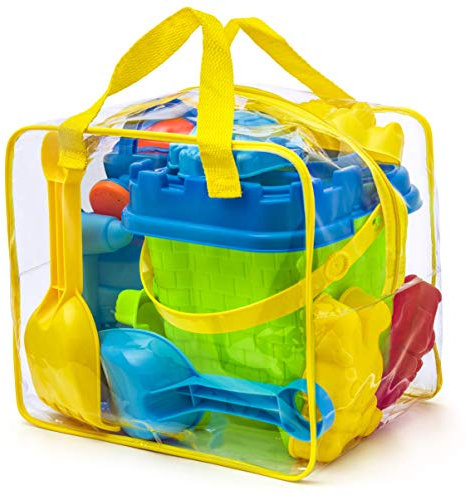 Prextex 12-Teiliges Strand-Und-Sandspielzeug-Set in Wiederverwendbarer Tasche mit Reißverschluss - Eimer mit Sieb, Spaten, Rechen, Gießkanne, Sandformen für Tiere und Burgen, 25.4 x 17.8 cm