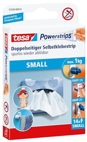tesa Powerstrips Small - Doppelseitige Klebestreifen zur Montage von Gegenständen auf glatten Oberflächen - Bis zu 1 kg Halteleistung - 14er Pack Powerstrips