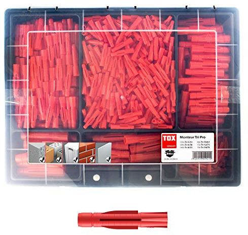 TOX Sortiment Monteur Pro 845 TLG, beinhaltet eine Vielzahl von Größen des Allzweckdübels Tri, für den Einsatz in nahezu allen Baustoffen, 01090001