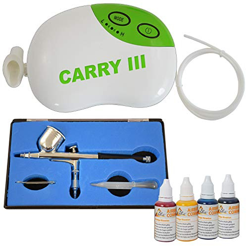 SET AEROGRAFO COMPRESOR CARRY III con COLORES AIRBRUSH, set de 4 colores con PISTOLA AERÓGRAFO UNIVERSAL de calidad Single-Action-Gun 130D 0,3 boquilla, taza para líquidos