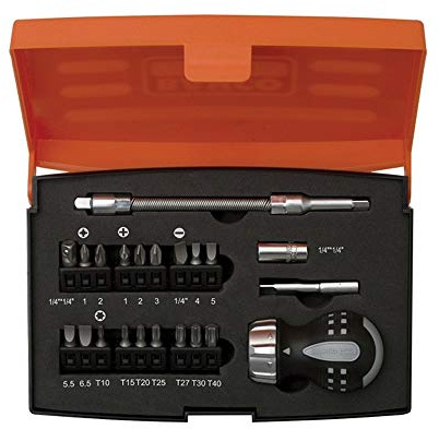 Bahco 22 Piece Stubby Ratchet Screwdriver 1/4 Bit Holder & Bits Set 808050S-22