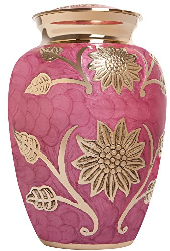 Pink Flower Funeral Urn by Liliane Memorials - Cremation Urn for Human Ashes - Brass - Suitable for Cemetery Burial or Niche - Rose Lisette Model - Large Size fits Remains of Adults up to 200 lbs
