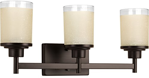 Progress Lighting Alexa Collection 3-Light Etched Umber Linen with Clear Edge Glass Modern Bath Vanity Light Antique Bronze
