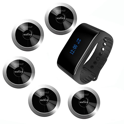 SINGCALL Sistema de Llamadas Inalámbrico con Buscapersonas, Resistente al Agua (IP55) para Restaurantes, Hotel, Bares, Café, Pizzería, 1 Receptor de muñeca(APE6900) + 5 Botones(APE310)