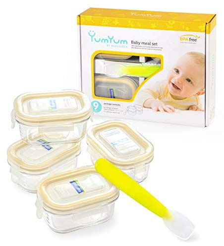 Glasslock 9pcs Set Yum Yum Eco Friendly Airtight Spill Proof Baby Meal Food Storage Container with Silicon Spoon 150ml, Safely Freeze Your Homemade Baby Food, Baby Shower Registry Gift Set