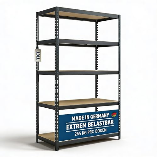 TKT – Work System Steckregal mit Holzböden & Unterzug 180x92x46cm - Regal mit 265kg Tragkraft pro Boden. Schwerlastregal mit 5 Böden für Werkstatt, Wohn- & Kellerraum. Anthrazit