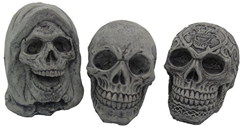 Small Skulls, Set of 3 Stone (concrete) Garden Ornament Hand Mixed, Cast, Coloured and Finished Largest 8 x 8 x 11 cms, Total Weight 2.10 kilograms. NP2