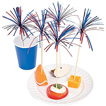 Fun Express Fireworks Picks - Firework Food Picks for USA Fourth of July Party Supplies, Patriotic Decorations, BBQ, Appetizers, Cake Toppers - Red, White, Blue 100 Pieces