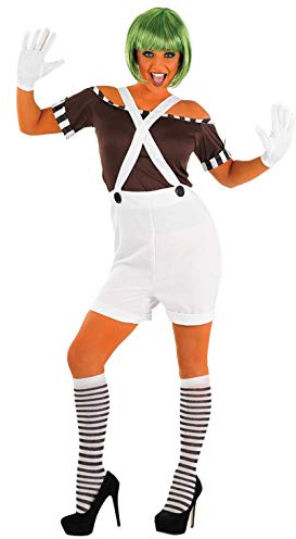 Fun Shack Vit Fabriksarbetardräkt för Dam, Randig Topp, Hängselkjol, Strumpor, Handskar & Grön Peruk, Bokdag Halloween, XXL