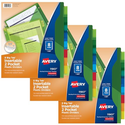 Avery Dividers for 3 Ring Binders, 8-Tab Sets, Two-Pocket Plastic Binder Dividers with Tabs, Multicolor, 3 Sets (71907)