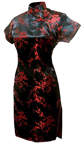 7Fairy Women's Black&Red Floral Mini Chinese Evening Dress Cheongsam Size 4 US