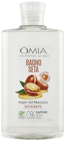 Omia, Bagno Seta Erboristico all'Olio di Argan del Marocco, Bagnoschiuma per Pelli Aride e Irritabili, Rende la Pelle Elastica e Protetta, Dermatologicamente Testato - Flacone da 400 ml