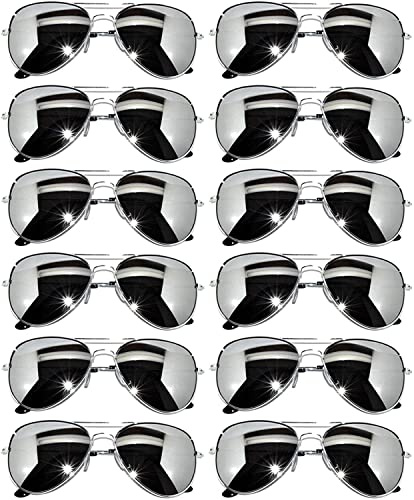 OWL 12 Pack Aviator Mirrored Lens Pilot Sunglasses Silver Frame Aviation Party Glasses
