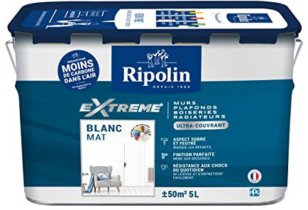 RIPOLIN - Peinture Monocouche pour Murs, Boiseries & Radiateurs - Intérieur - Finition Parfaite - Aspect Sobre et Feutré - Haute Résistance aux Chocs & Salissures - Lessivable - Mat - 5L - Blanc