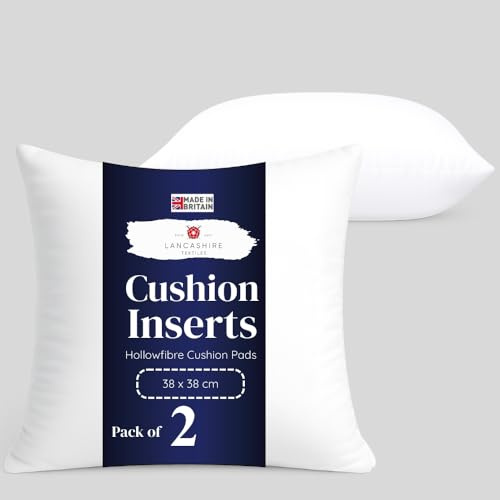 Lancashire Textiles 2 Pack 15 x 15” (38 x 38cm) Quality Microfibre Super Bounce Fibre Cushion Pads Made in Britain with Cotton Blend Casing & Our Luxury Hollowfibre Filling