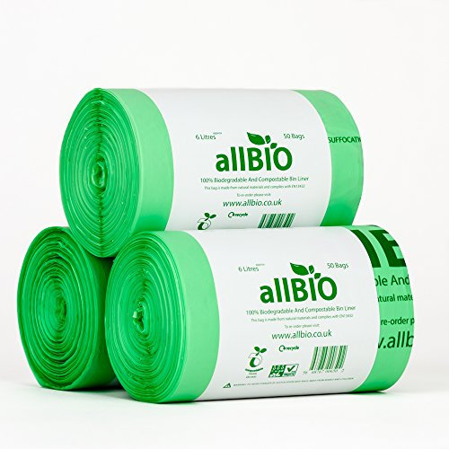 6 Litri x 150 sacchetti allBIO Sacchetti Pattumiera Organico 100% Biodegradabili e Compostabili 6 Litri/Sacchetti Contenitore Rifiuti