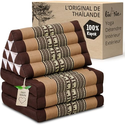 livasia Coussin thaï à 3 Blocs - 175x50x8cm - Coussin Triangulaire avec Matelas Pliable, Coussin en biseau kapok, Coussin de Soutien Dorsal Pliables, Tapis thaï Pliable, Fait Main (Marron/Éléphants)
