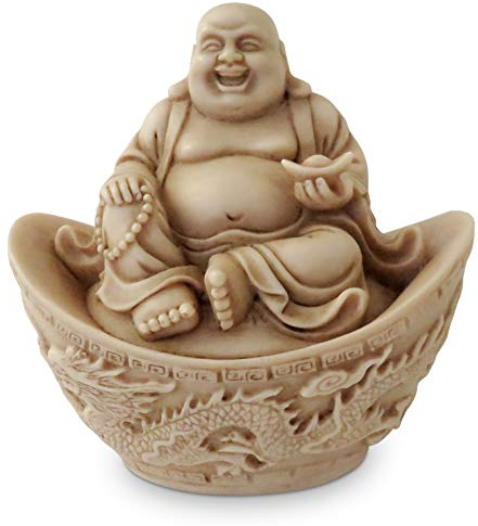 Aged Effect Laughing Chinese Buddha in Dragon Boat Statue