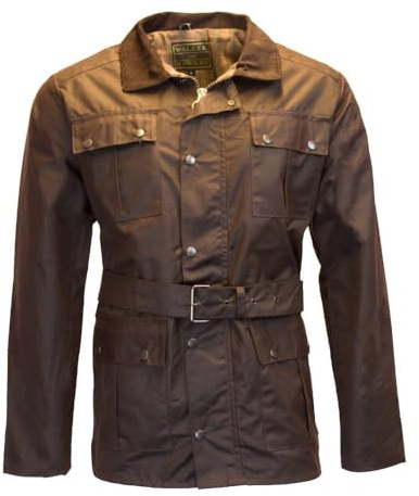 Walker and Hawkes - Grafton - Chaqueta de Estilo Motociclista para Hombre - Tejido Encerado Impermeable - con cinturón y 4 Bolsillos - Marrón - XL