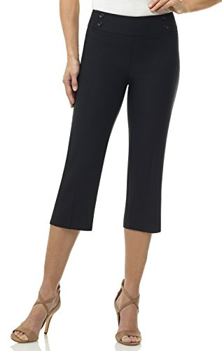Rekucci Women’s Comfort Stretch Pull-On Capri Pants with Button Detail – Everyday Casual Wear (14, Black)