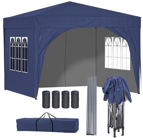 BIRCHTREE Pop Up Gazebo with Sides, 3m x 3m Waterproof with 2 Free Weather Support Beams 4 Gazebo Weight Bags. Garden Canopy Outdoor, Party Tent, 260g Polyester Powder Coated Steel Frame. BLUE