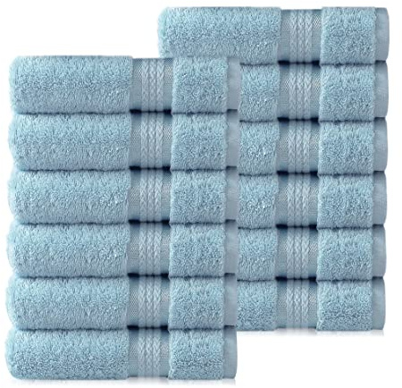 COTTON CRAFT Ultra Soft Washcloths - 12 Pack 100% Cotton Facecloths - Baby Wash Cloth Set - Absorbent Quick Dry Everyday Luxury Bathroom Kitchen Spa Gym Pool Dorm - Plush 580 GSM - 12x12 - Light Blue