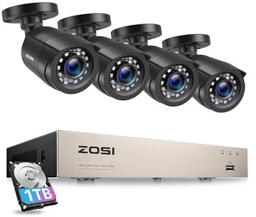 ZOSI Kit de Videovigilancia 5MP Lite 8CH H.265+ Grabador DVR con (4) 1080p Cámara de Seguridad Exterior, Visión Nocturna, Alarma de Movimiento, 1TB Disco Duro