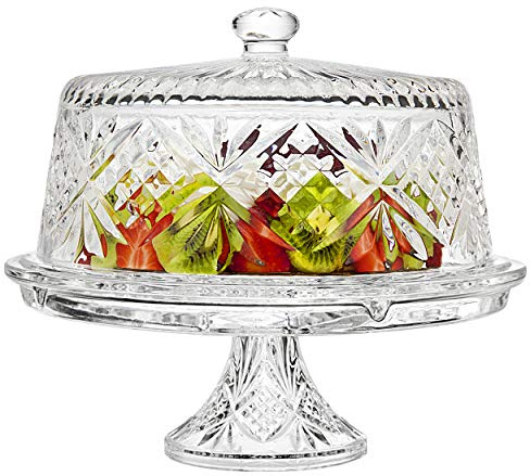 Godinger 4 in 1 Cake Stand, Cake Platter and Serving Plate Platter with Dome Cover, for Pastries, Desserts & More, Multi-Purpose Use - Dublin Crystal Collection