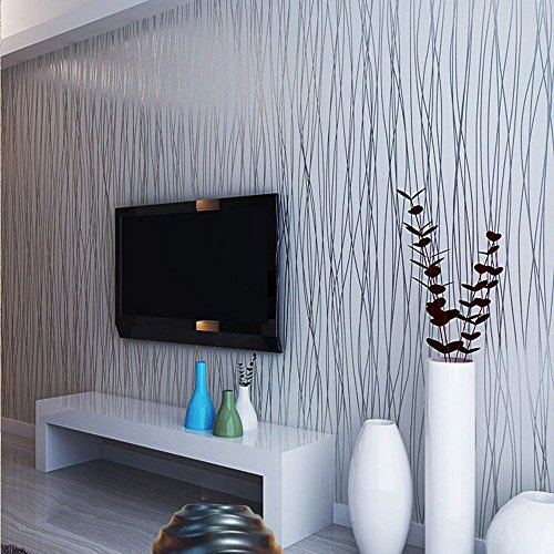 Q QIHANG Non-Woven Classic Flocking Plain Stripe Modern Fashion Wallpaper Wall Paper Roll for Living Room Bedroom Silver&Gray Color Wallpaper Roll 0.53m*10m=5.3㎡