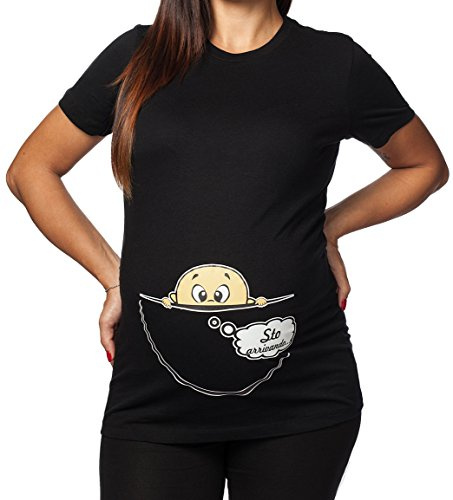 Tshirt Lunga da Donna Ideale per Il Premaman - STO ARRIVANDO - Maglietta Premaman Divertente - Regalo Futura Mamma - Idea Regalo per Futura Mamma