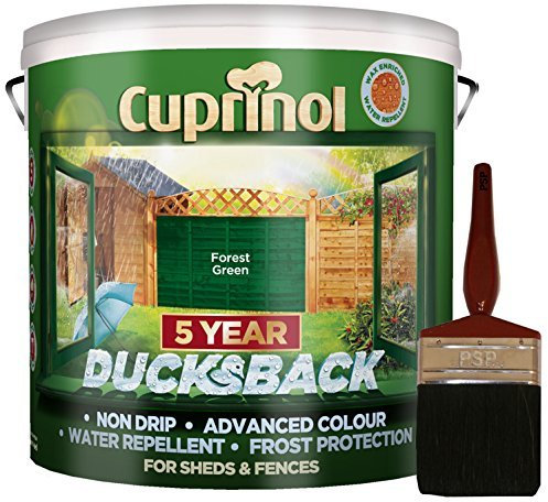 New 2018 Cuprinol Ducksback Shed & Fence Paint 9 Litre Forest Green. Non Drip, Water Repellent and Frost Defence. Protection for 5 Years. Includes PSP 4 fence application woodcare brush.