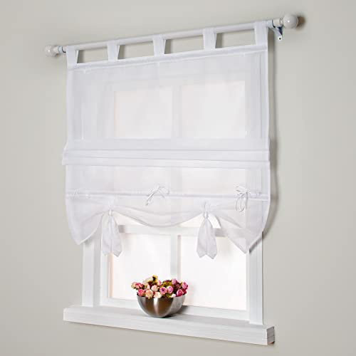 SIMPVALE Raffrollo mit Schlaufen Gardinen Voile römischen Liter Fall Schatten Transparent Vorhang für Balkon und Küche, Weiß, 80cm (Breite) x155cm (Höhe)