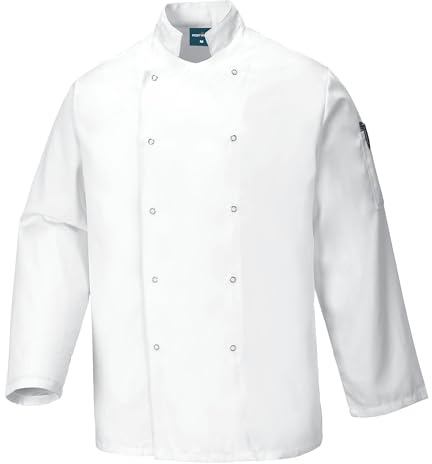 Portwest C833 Veste de Cuisine Homme et Femme Suffolk Unisexe Col Mao Manches Longues Veste Cuisinier Professionnelle Tenue de Cuisine Restauration Chef, Blanc, M